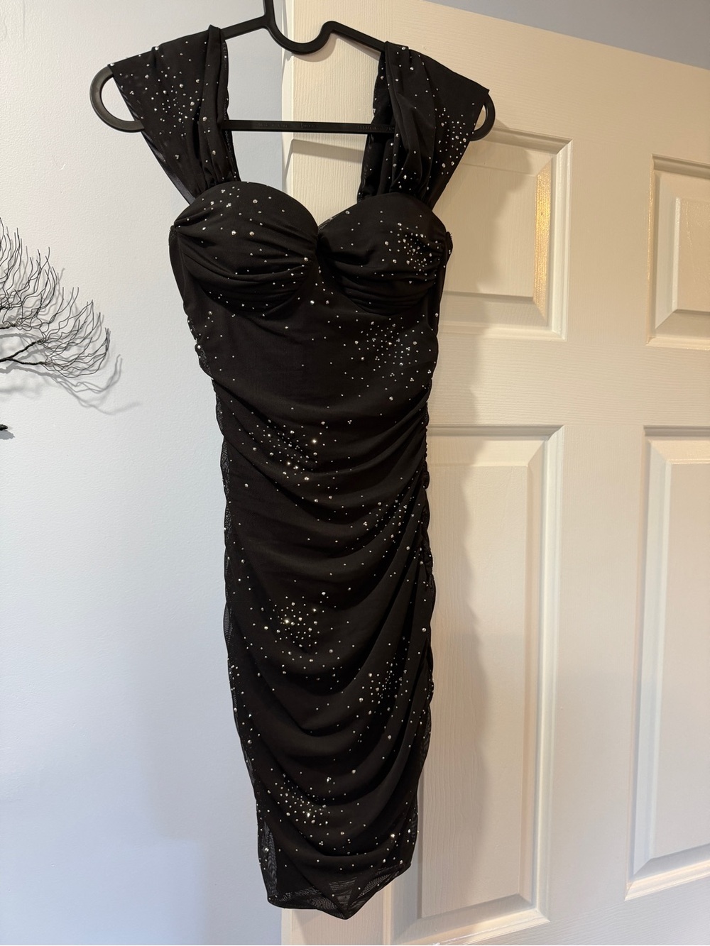 Black Ruched Midi Dress with Embellished Detail